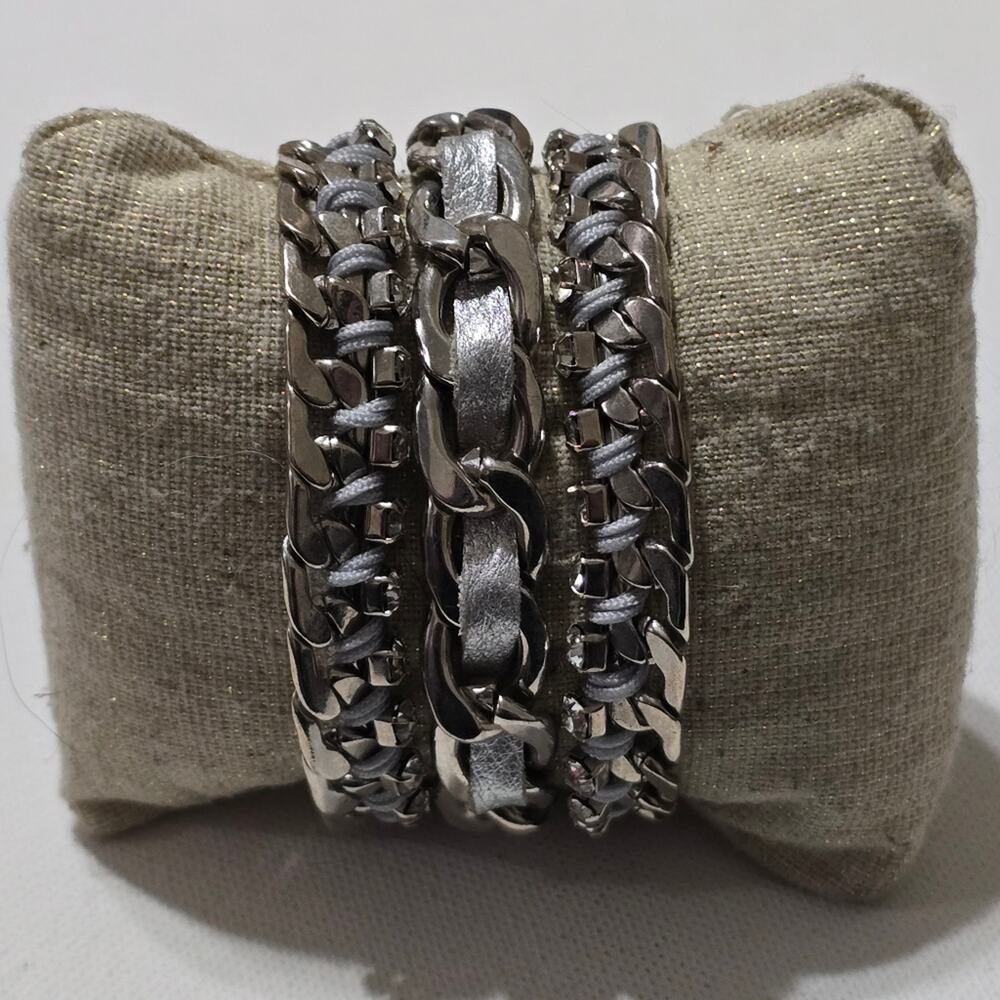 SILVER Chain Link‎ Multi Strand Goth Grunge Cuff Snap Bracelet New!